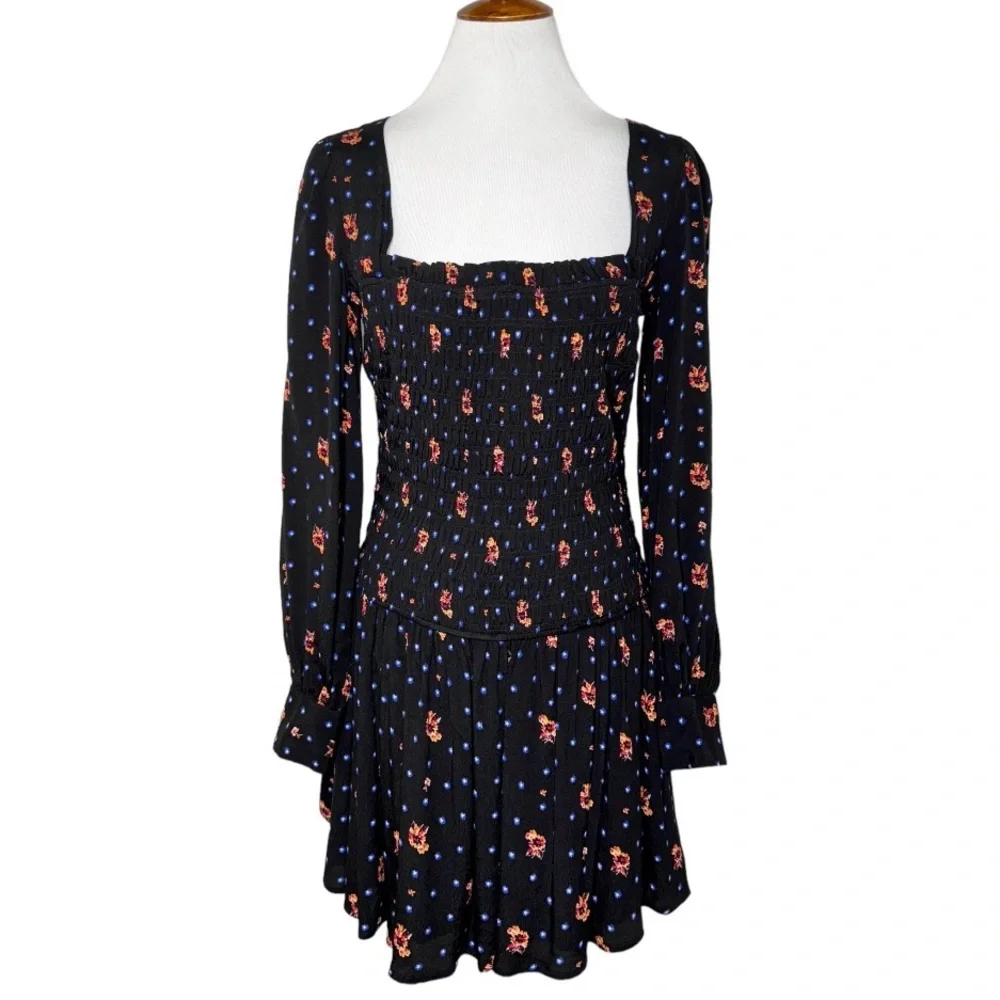 Free People Smocked Floral Celestial Star Black Long Sleeve Skater Mini Dress - Picture 2 of 14